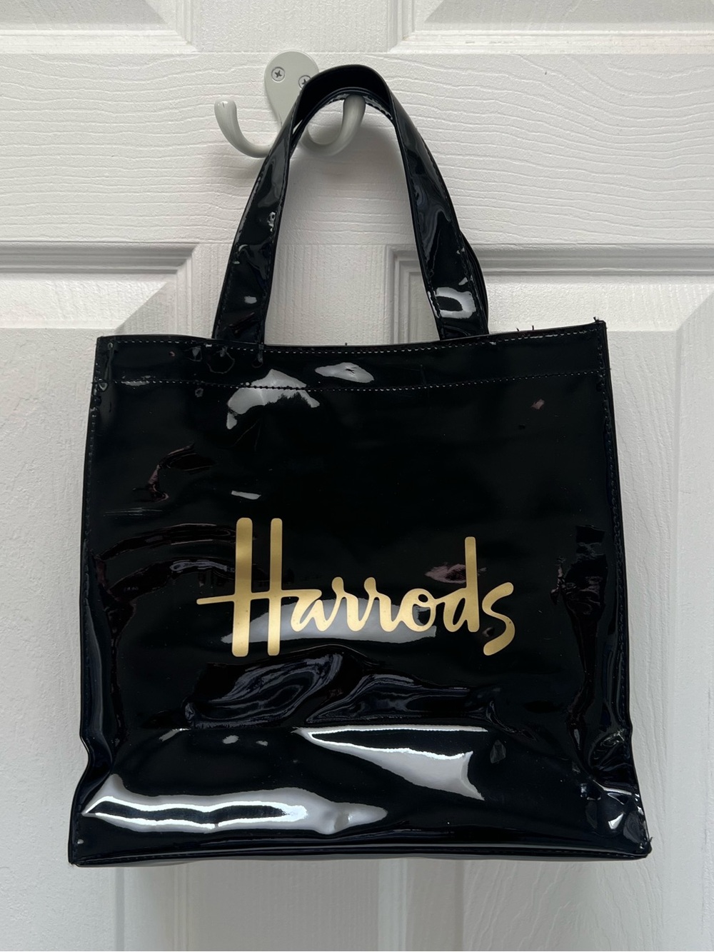 Harrods of London Small Glossy Black Patent Tote with Gold Script Logo